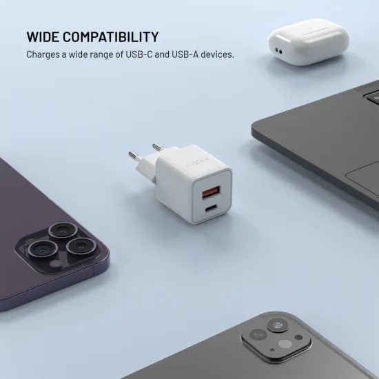 Hálózati töltő FIXED Mini GaN, USB-C + USB, PD 30W, fehér