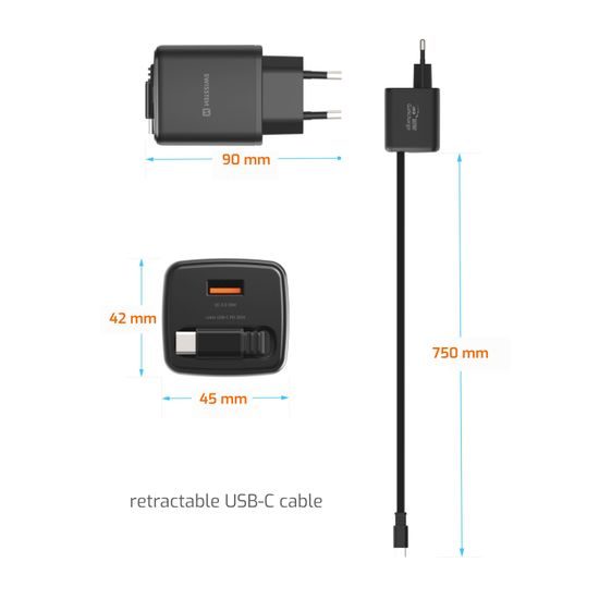 Swissten SlideCharge adapter sisseehitatud väljatõmmatava USB-C kaabliga GaN 30W 1x USB-A 18W – must