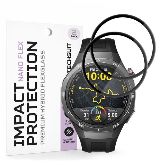 Techsuit Nano Flex Displayschutzfolie für Huawei Watch GT 5 Pro 46mm - Flexible PMMA Schutzfolie - 2 Stück - Schwarz