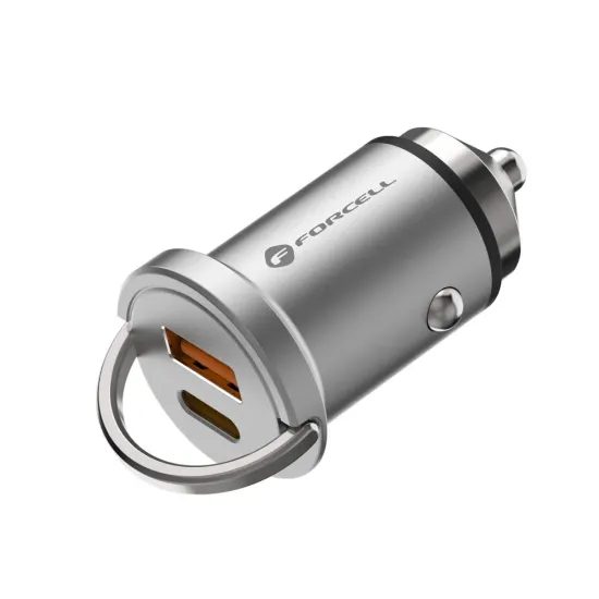 Forcell F-Energy Mini nabíjačka do auta USB-C + USB A, QC 3.0 20 W, strieborná