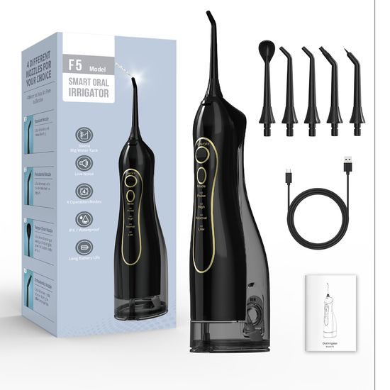 Bezprzewodowy irygator dentystyczny z zestawem końcówek, 4 tryby, zbiornik 300 ml, USB-C, czarny