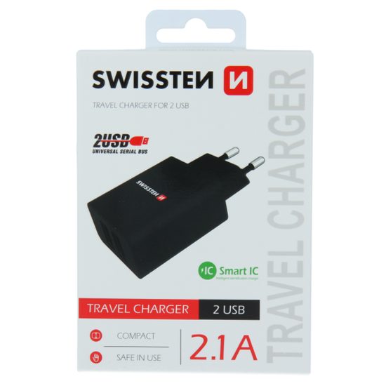 Swissten mrežni adapter smart IC 2x USB, 2.1A power, crna