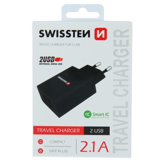 Swissten napajalni adapter smart IC 2x USB, 2.1 A power, črn