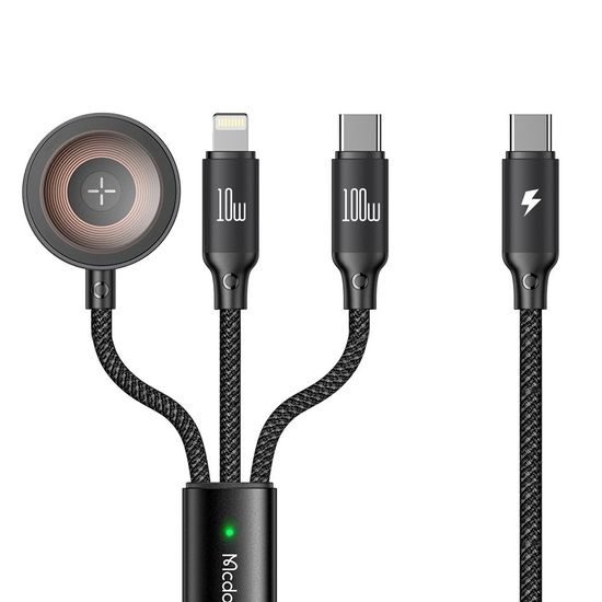 Mcdodo 3σε1 καλώδιο δεδομένων (CA-4940) USB-C - Lightning / USB-C / ασύρματος φορτιστής για Apple Watch, 100 W, 1,2 m μαύρο