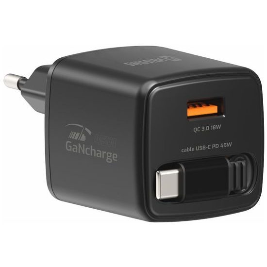 Swissten SlideCharge adapter s izvlačivim USB-C kabelom GaN 45W, 1x USB-A 18W, crni