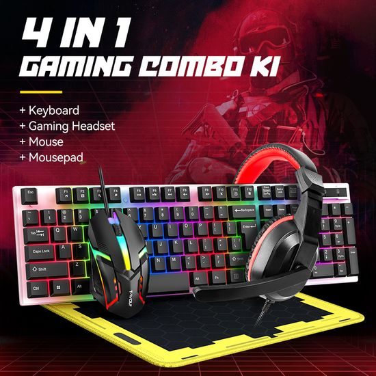 T-WOLF TF240 4in1 RGB Gaming Set für komplettes Gaming Setup - Tastatur, Maus, Headset, Mauspad