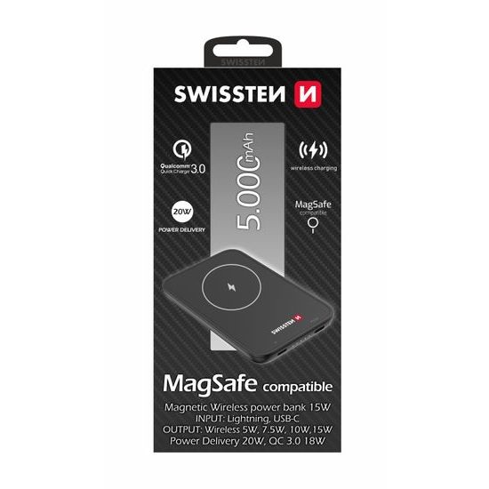 Swissten PowerBank iPhone 12, 12 Pro, 12 Pro MAX, 13, 13 Pro MAX készülékhez (MagSafe kompatibilis) 5000 mAh