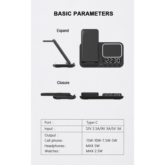 FoldCharge Clock 5 Pro Αναδιπλούμενος 5 σε 1 ασύρματος σταθμός φόρτισης με ρολόι και φωτιστικό νυκτός, μαύρο
