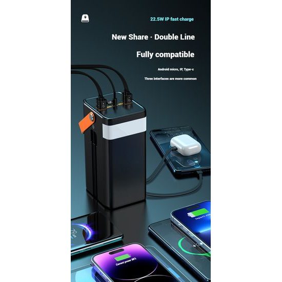 Power Bank 120.000 mAh, 22.5W PD, 4 USB + 2 καλώδια, LED φώτα, λευκό