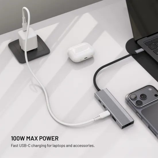 Alumínium USB-C elosztó FIXED HUB Core, 5 port, notebookokhoz és tabletekhez, 100W, PD 3.0, űrszürke