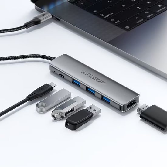 Acefast 5-in-1 Adapter (J16) - USB-C naar 3x USB 3.0, USB-C PD 90W, HDMI 4K@60Hz - Plug & Play - Grijs