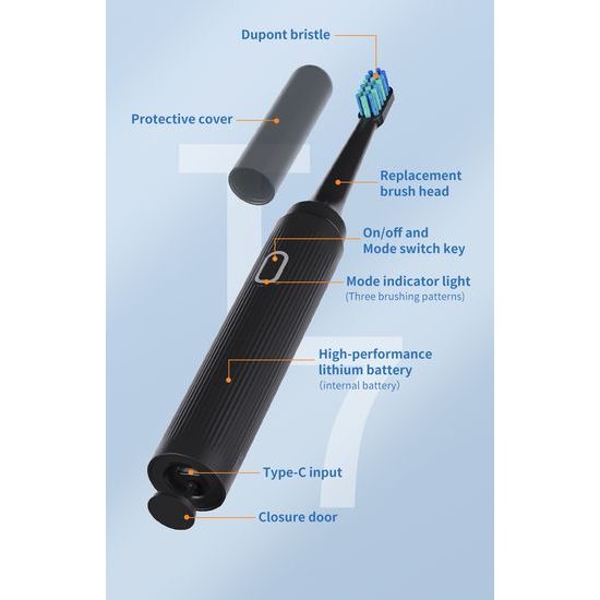Sonická elektrická zubná kefka so sadou 4 hlavíc a cestovným puzdrom, 5 režimov, 30 000 vibrácií/min, čierna