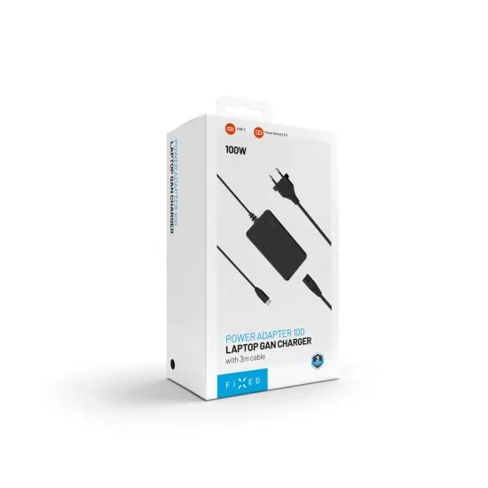 FIXED GaN töltőadapter notebookhoz, USB-C, PD 3.0, 100W, fekete