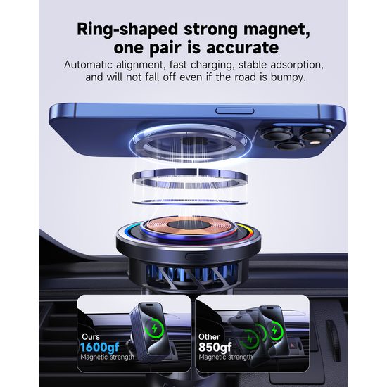 Kühlender MagSafe Qi2 Halter mit kabellosem Laden für Autolüftung, mit RGB wählbarer Beleuchtung, 15W, rund, schwarz