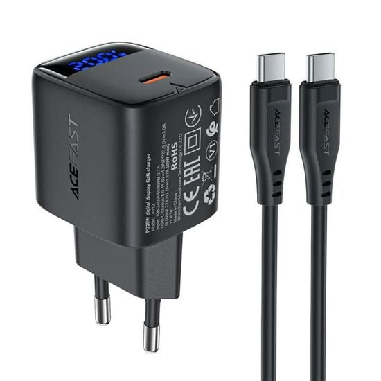 Acefast nabíječka A113 s digitálním displejem, GaN, PD 20W, USB-C + kabel USB-C, 1 m, černá