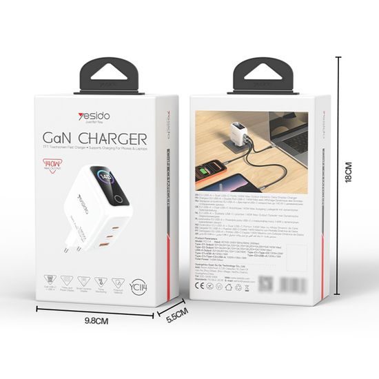 Yesido Ladegerät (YC114) mit TFT-Display - USB + 2x USB-C - GaN - 140W - Weiß