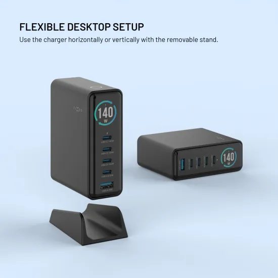 FIXED GaN dokkoló töltőállomás kijelzővel, 4x USB-C + USB, PD 3.2, 140W, fekete