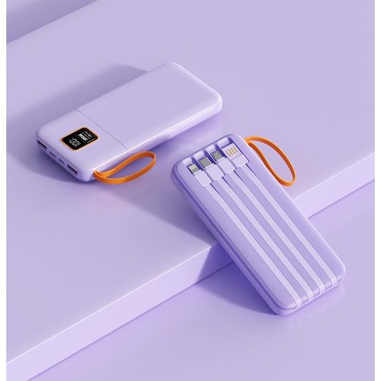 Powerbank 20000mAh mit 4 integrierten Kabeln, 2x USB-A, 1x USB-C, PD 22,5W, QC 3.0, LED Display - Lila