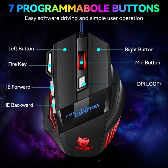 Mouse Gaming RGB T-WOLF M1, 2400 DPI, 7 pulsanti, ergonomico, retroilluminato, USB