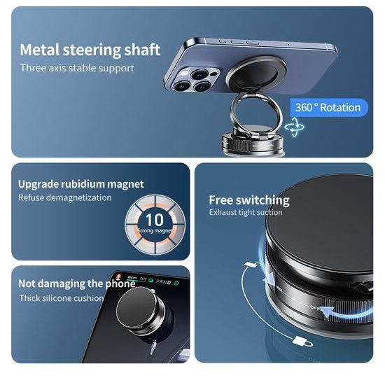 Μαγνητική βάση τηλεφώνου αυτοκινήτου 360° με βεντούζα και μαγνήτη ρουβιδίου, μαύρη, C46