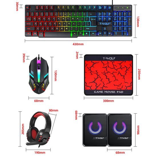 T-WOLF TF850 RGB Gaming Set 5in1 (Tastatur, Maus, Headset, Mauspad + Lautsprecher)