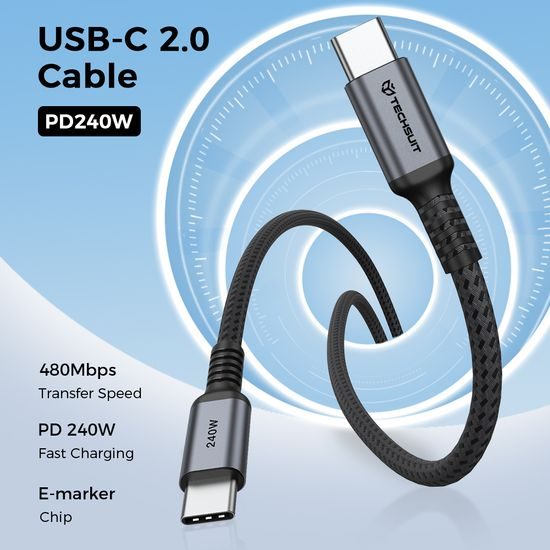Techsuit TitanSync Pro (CX2) USB-C uz USB-C datu kabelis PD 240 W 2 m – pelēks