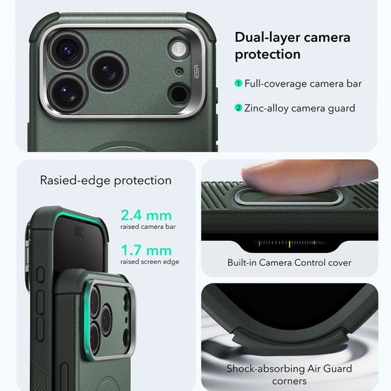 iPhone 17 Pro / 18 Pro vāciņš – ESR Cyber Armor Kickstand ar statīvu – zaļš