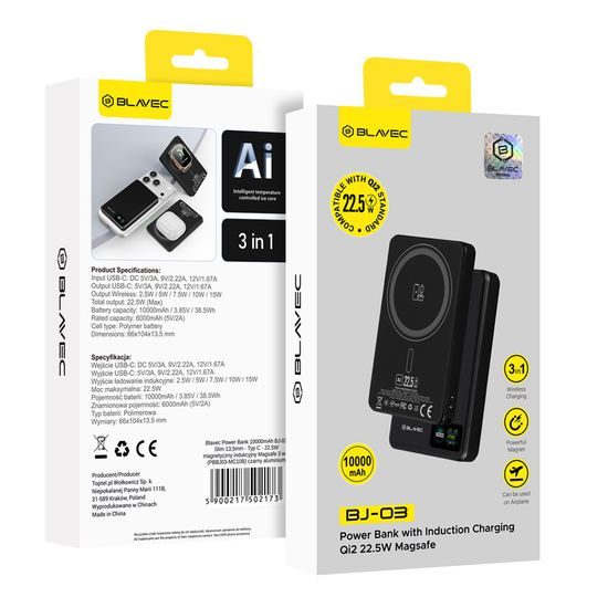Blavec BJ-03 Slim 3σε1 MagSafe powerbanka USB-C, 10000mAh, 22,5W, μαύρο