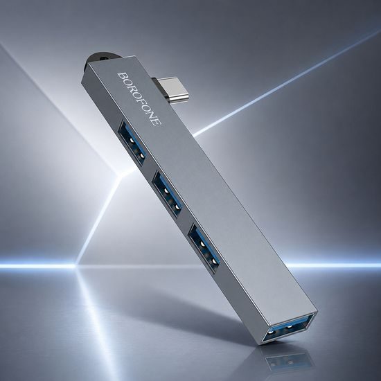 Borofone Hub 4in1 (FH1A) USB-C auf 3x USB 2.0 / USB 3.0 - Kompakter USB-C Adapter für Laptop und Notebook - Grau