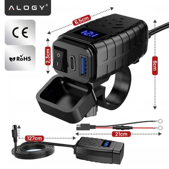 Alogy MotoCharge Pro™ 36W Motorrad Ladegerät mit Display - USB-A + USB-C - 36W PD + QC 3.0 - Schwarz