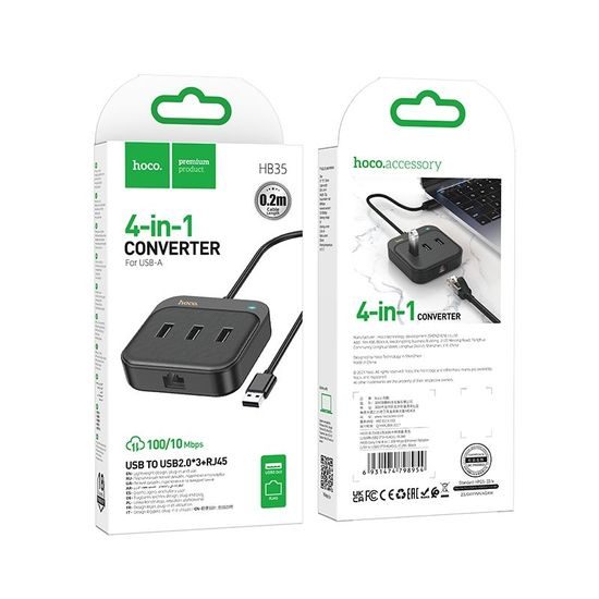 Hoco adaptér HUB 4v1 USB na 3x USB2.0 + RJ45, 100 Mbps Ethernet, 0,2 m, čierny (HB35)