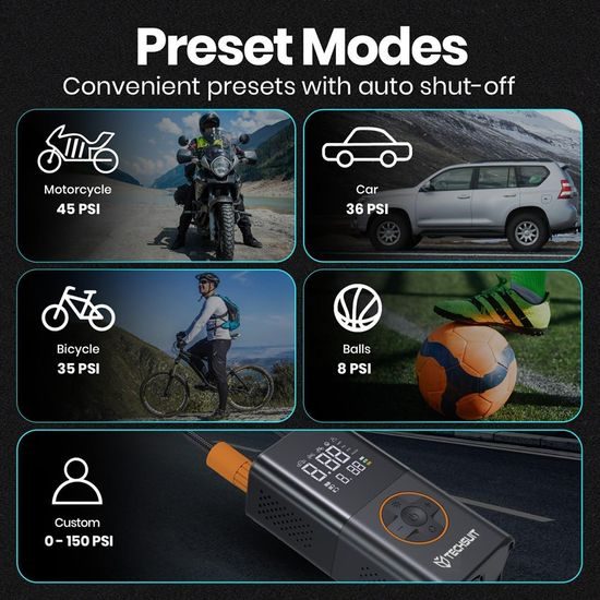 Techsuit (AI1) Kabelloser Kompressor GoInflate mit LED-Taschenlampe - 4000 mAh Akku - Digitaler Luftkompressor für Auto, Motorrad, Fahrrad - 150 PSI - Schwarz