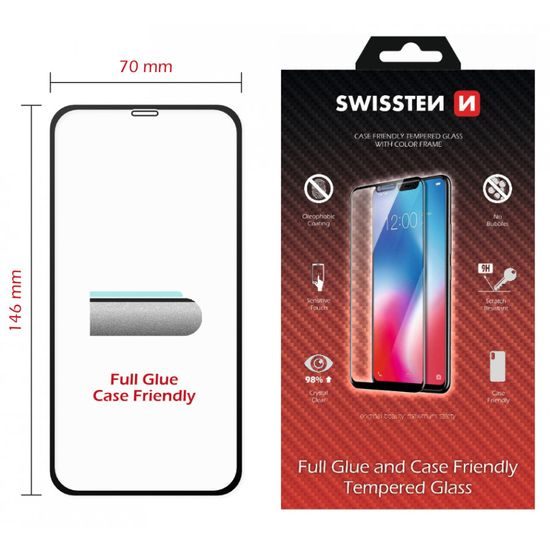 Swissten Full Glue, Color frame, Case friendly, Folie de sticlă securizată protectoare, Apple iPhone 11, neagră