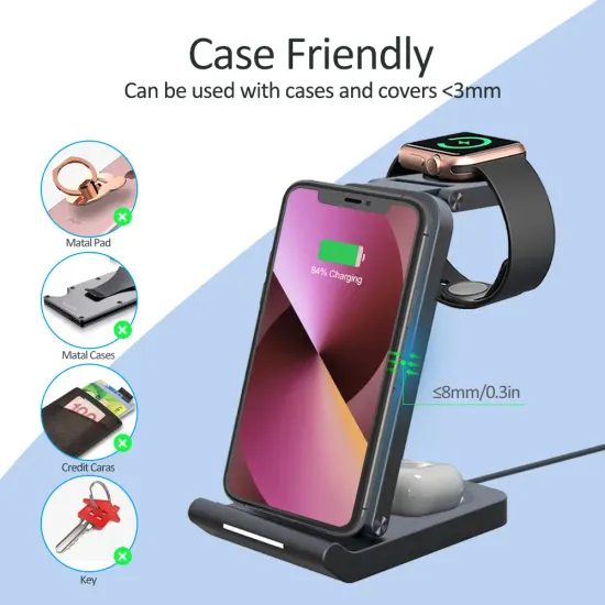 Caricabatterie wireless pieghevole 3in1, Qi, PD, QC3.0, 15W, nero