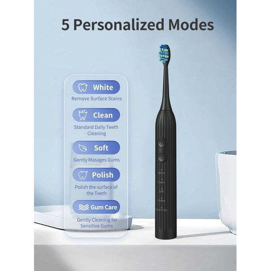 Звукова електрическа четка за зъби с комплект от 8 глави, 45 000 вибрации/мин, 5 режима, розова