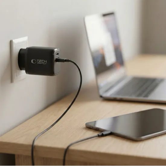 Tech-Protect NCA65W-GAN 2-Port Ladegerät mit GaN-Technologie - USB-C PD 65W / USB-A QC 3.0 - Schwarz