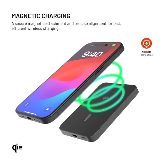 FIXED MagZen 5 Crystal powerbank vezeték nélküli Qi2 töltéssel és MagSafe támogatással, 5 000 mAh, fekete