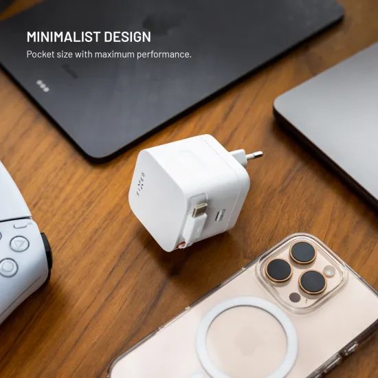 FIXED GaN hálózati töltő, 2x USB-C, PD 3.0, 65W önbehúzódó kábellel, fehér