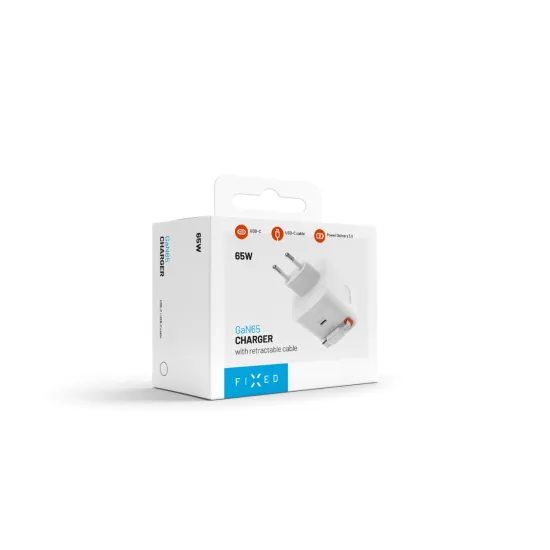 FIXED GaN hálózati töltő, 2x USB-C, PD 3.0, 65W önbehúzódó kábellel, fehér