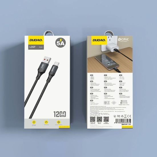 Dudao L3ST kabel USB-A - USB-C, 5A, 1,2 m, črn