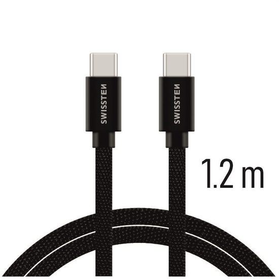 Swissten tekstilni podatkovni kabel, USB-C / USB-C, 1,2 m, črn