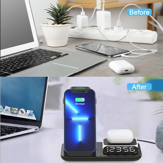 FoldCharge Clock 5 Pro Αναδιπλούμενος 5 σε 1 ασύρματος σταθμός φόρτισης με ρολόι και φωτιστικό νυκτός, μαύρο