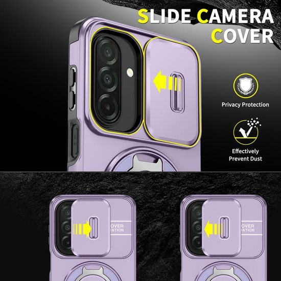 Camslide Stand Schutzhülle für Samsung Galaxy A27 - Integrierter Metallständer mit 360° Drehung - Kamera-Schiebeschutz - Lila