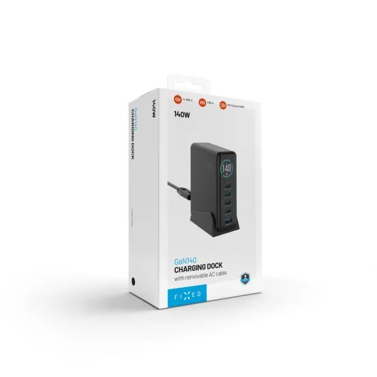 FIXED GaN dokkoló töltőállomás kijelzővel, 4x USB-C + USB, PD 3.2, 140W, fekete