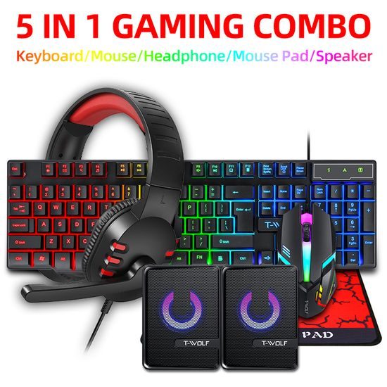T-WOLF TF850 RGB Gaming Set 5in1 (Tastatur, Maus, Headset, Mauspad + Lautsprecher)