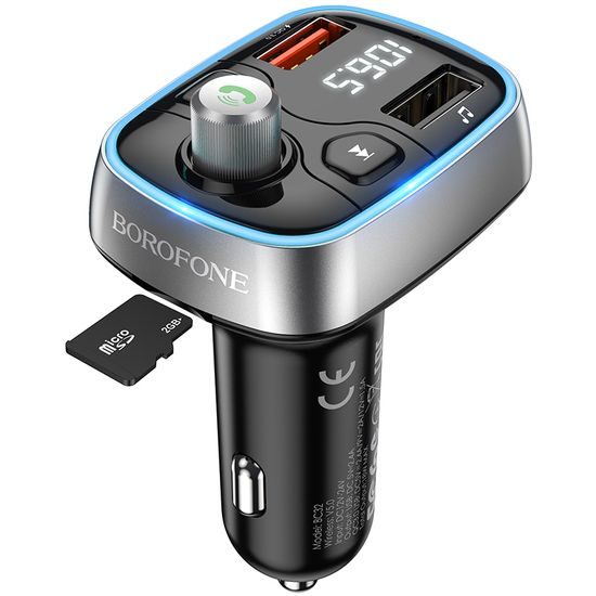 Borofone BC32 Sunlight FM vysielač MP3, Bluetooth, 2x USB + microSD, QC 3.0, 18W, 2,4A, čierny