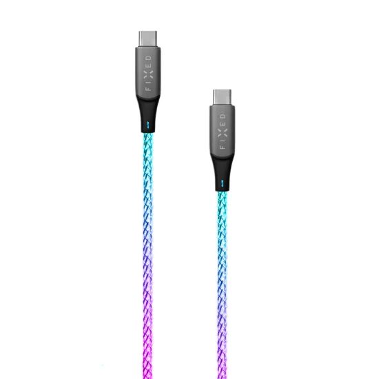 Világító töltőkábel FIXED USB-C - USB-C, PD 60W, 1,2m, szivárvány