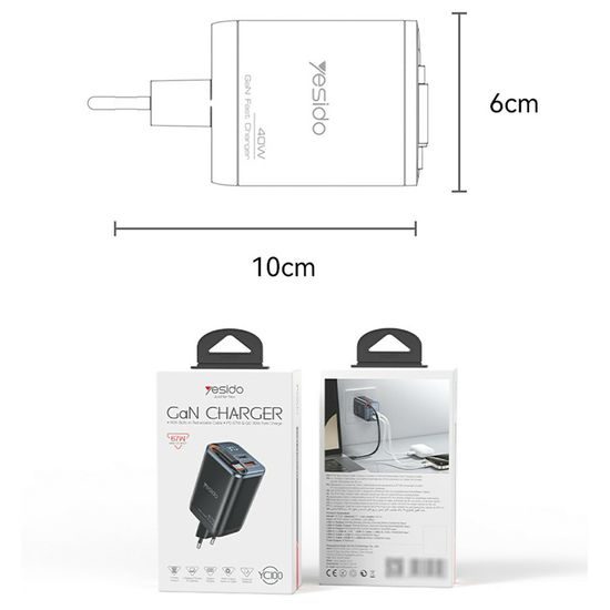 Yesido YC100 USB Ladegerät USB-C & USB-A mit GaN-Technologie 67W + USB-C Kabel 65cm - Schwarz
