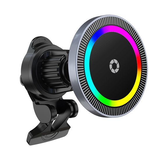 15W RGB MagSafe brezžična polnilka za avto z ventilacijskim pritrjevanjem in USB-C vhodom, črna