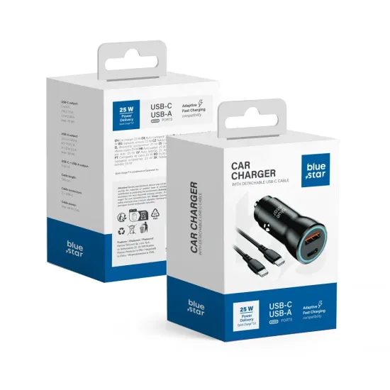 BlueStar nabíječka do auta USB-C + USB-A + kabel USB-C - USB-C 3A 25W, PD, QC 3.0, AFC, PPS, černý